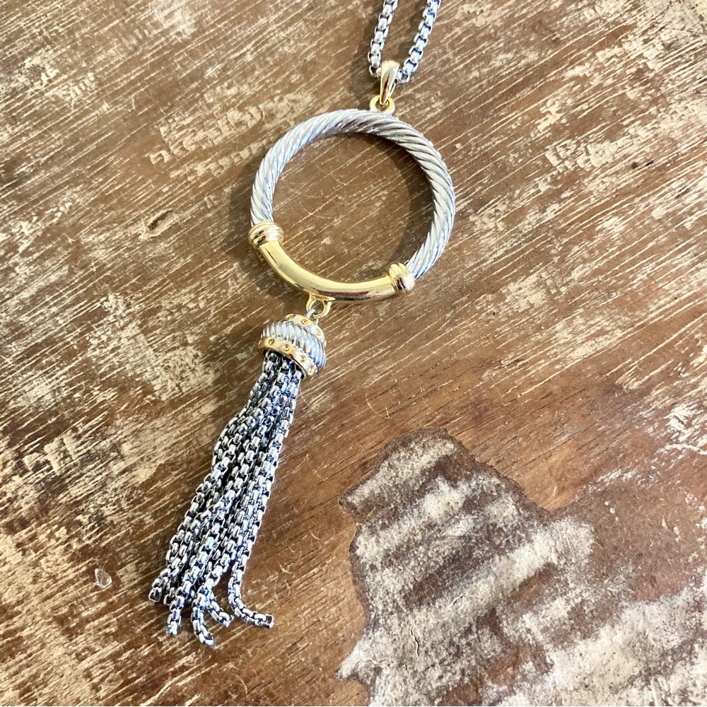 Long Silver and Gold Tone Tassel Pendant Necklace - Picture 7 of 15